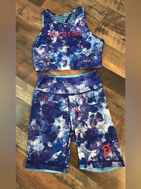 Peloton Blue Purple Print Bike Shorts Set
